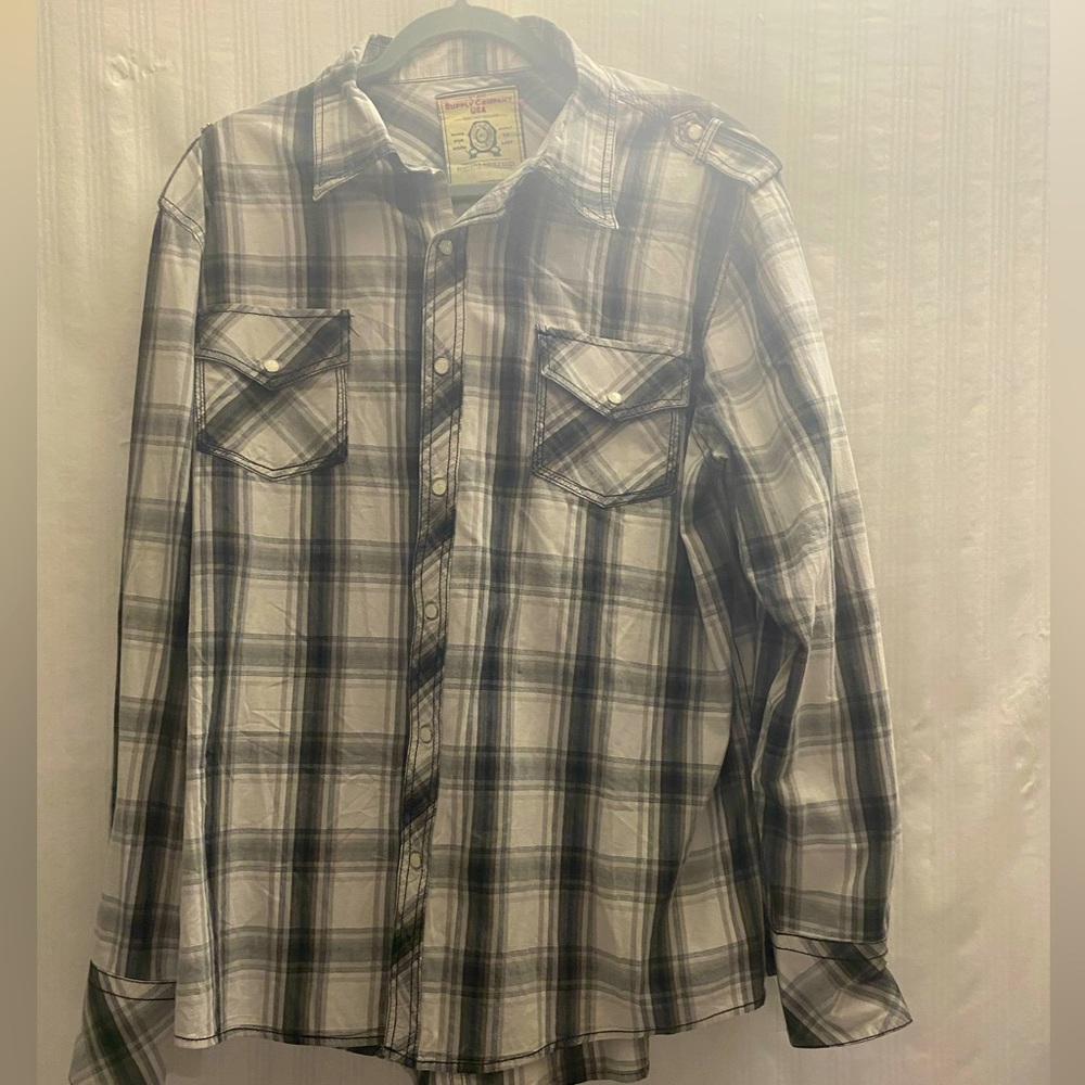 SUPPLY COMPANY USA Men's Shirt Size XL Snap Pearl Plaid Gray‎ Roll-Up Sleeve
